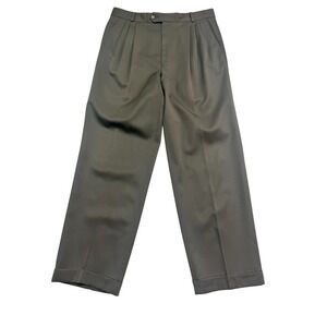 vtg 90s Olive Green 33x30 Pleated Dress Pants Trousers Wool Cuffed High Waisted